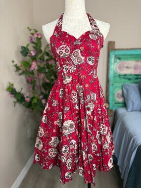 Hell Bunny Vixen Red Sugarskull Rockabilly Pin-Up Vintage Style Halter Dress - M